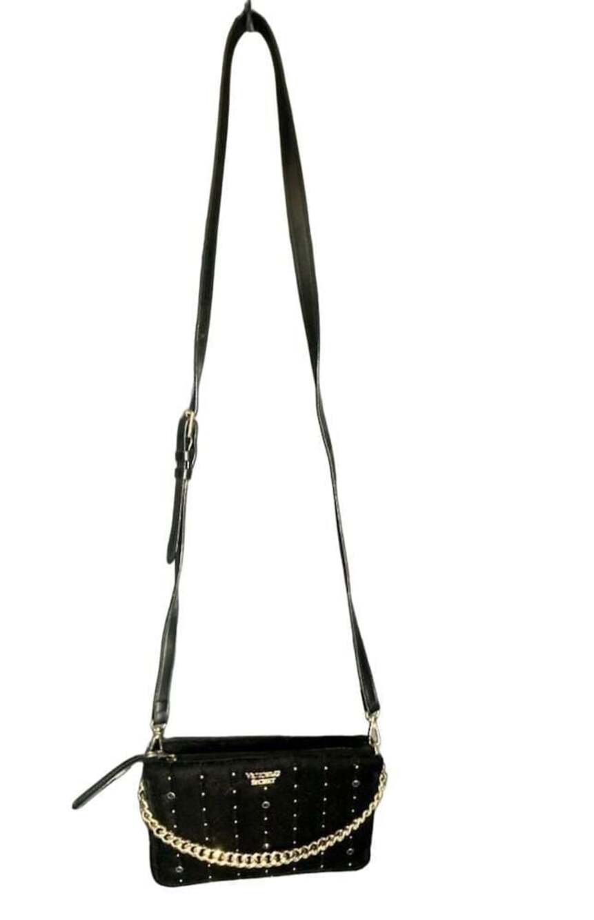 Victoria's Secret Black Velvet Small VS City Studs V-Quilt Crossbody Bag
